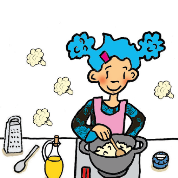 Ein Mädchen mit blauen Haaren kocht Karfiolreis.