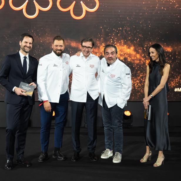 Die Drei-Sterner des Guide Michelin v.l.n.r. neben Guide Michelin-CEO Gwendal Poullennec: Michael Bauböck, Heinz Reitbauer (Steirereck), Juan Amador (Amador).