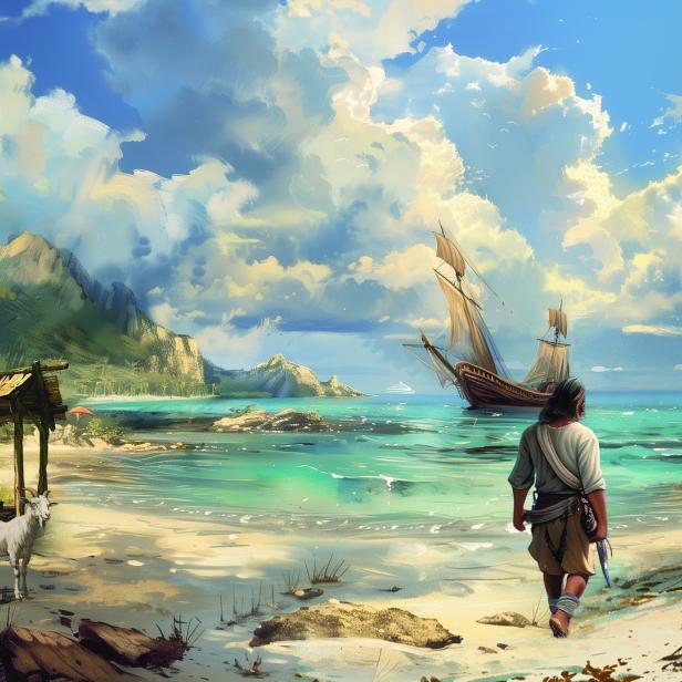 Ein Mann geht an einem tropischen Strand entlang, im Hintergrund ein Segelschiff und eine Ziege unter einem Unterstand.
