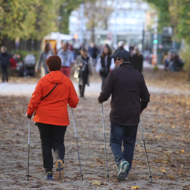 Ein älteres Paar beim Walken durch den Schönbrunner Schloßpark im Herbst