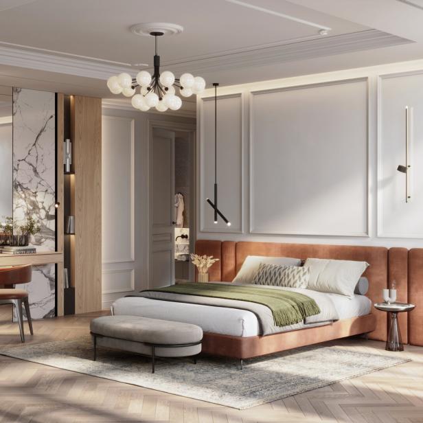 Luxuriöses Schlafzimmer mit einem großzügigen Spiegel und kreativen Leuchten.