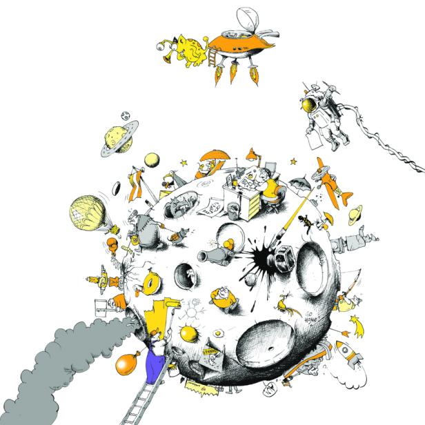 Eine skurrile Illustration zeigt eine belebte Mondoberfläche mit verschiedenen Figuren und Objekten.