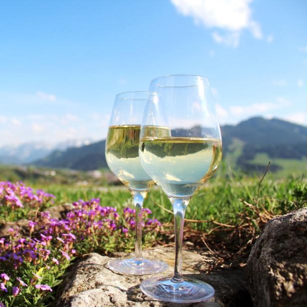Zwei Gläser Weißwein stehen vor einer Berglandschaft.