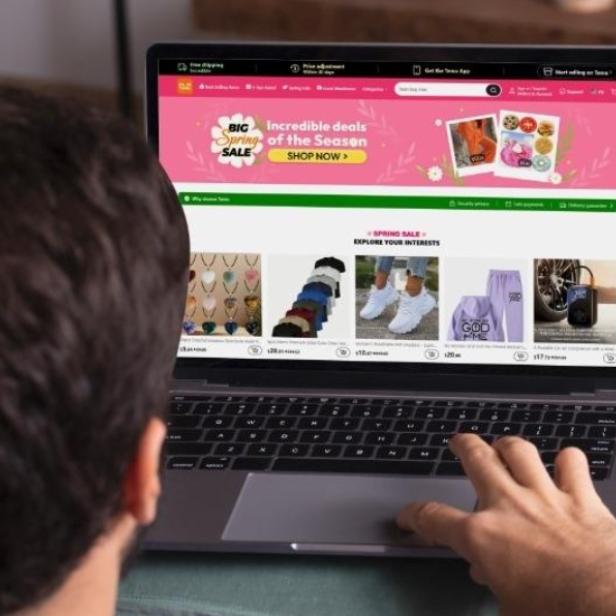 Ein Mann schaut sich auf seinem Laptop Angebote auf der Temu-Website an.