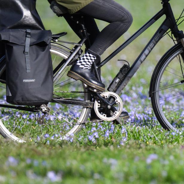 Ein Radfahrer mit Packtasche steht in einer blühenden Wiese.