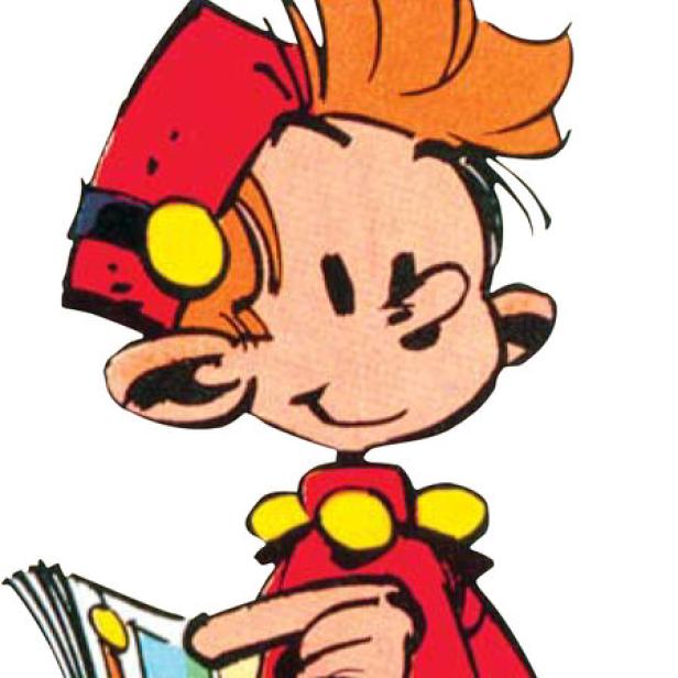 Der Comic-Held Spirou liest eine Zeitung.