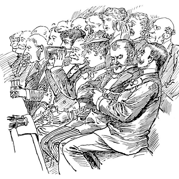Illustration von Konzertbesucherinnen und -besuchern. So wie sie zur Jahrhundertwende ausgesehen haben. Mit Hut, Smoking, Operngläsern und opulenten Schnurrbärten.