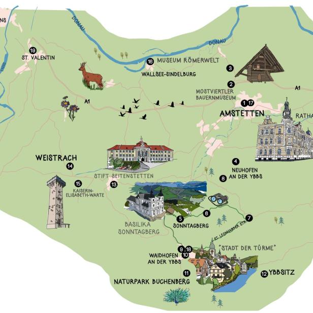 Eine illustrierte Karte der Region um Amstetten in Niederösterreich mit Sehenswürdigkeiten.