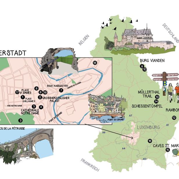 Eine illustrierte Karte von Luxemburg mit Sehenswürdigkeiten wie Burg Vianden und den Kasematten.