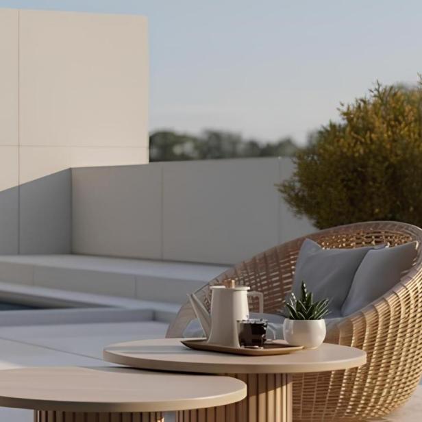Ein Rattansessel und ein Tisch mit Geschirr stehen auf einer Terrasse neben einem Pool.