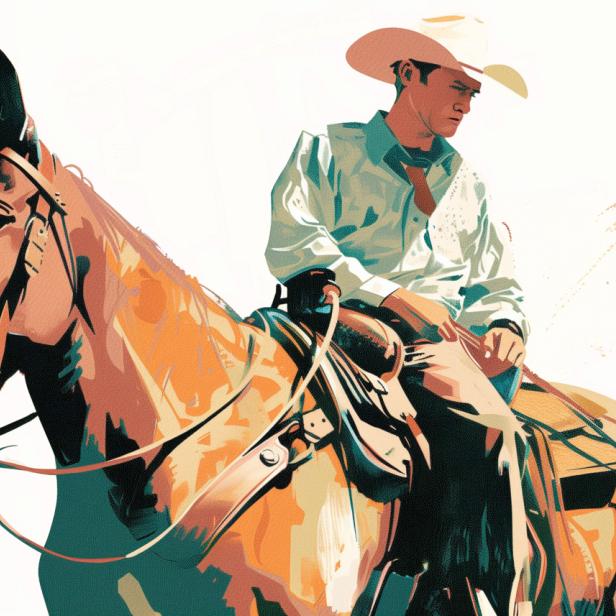 Ein Cowboy mit Hut reitet auf einem Pferd.