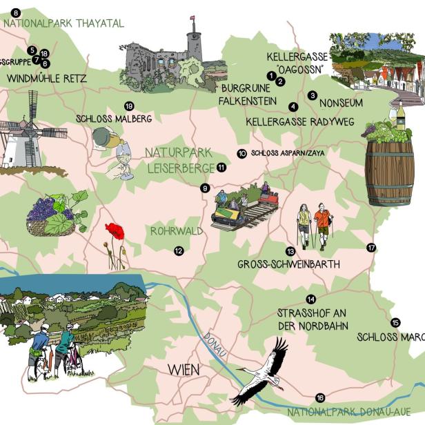 Eine illustrierte Karte des Weinviertels in Österreich mit Sehenswürdigkeiten und Naturparks.
