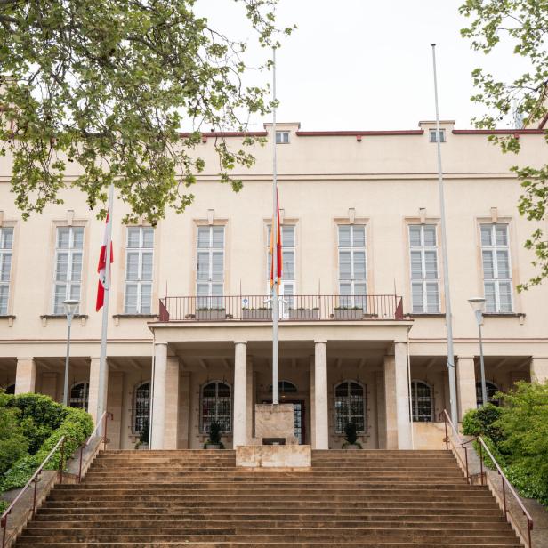 Beiges Verwaltungsgebäude mit Treppe, Säulen und Flaggen, von Bäumen eingerahmt.