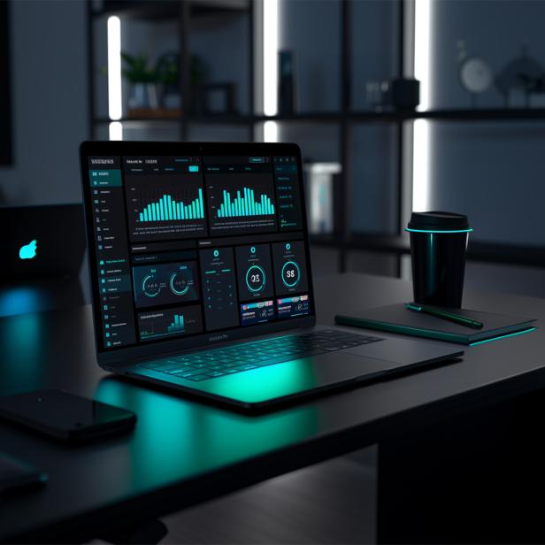 Auf einem Schreibtisch liegt ein Laptop, der von einem blauen Licht erhellt wird.