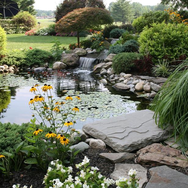 Ein Gartenteich mit Seerosen und einem kleinen Wasserfall in einem gepflegten Garten.