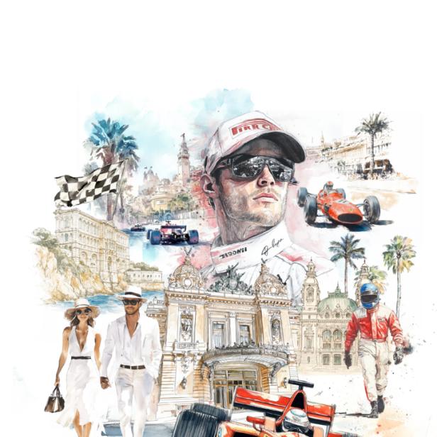 Eine Collage mit Elementen des Formel-1-Rennens in Monaco, darunter Rennwagen und das Casino.