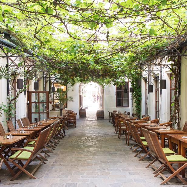 Ein Restaurant mit Holztischen und Bepflanzungen. 