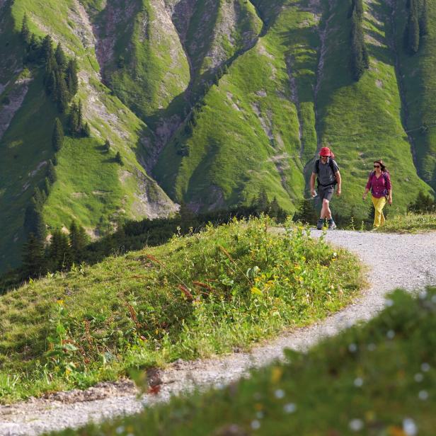 Zwei Wanderer gehen auf einem Pfad vor einer grünen Berglandschaft.