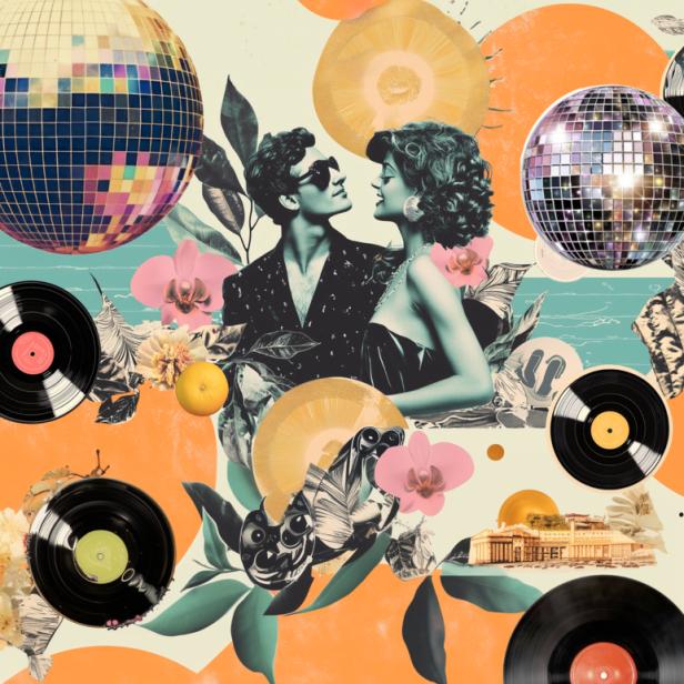 Ein Paar im Retro-Stil, umgeben von Diskokugeln, Schallplatten und floralen Elementen.