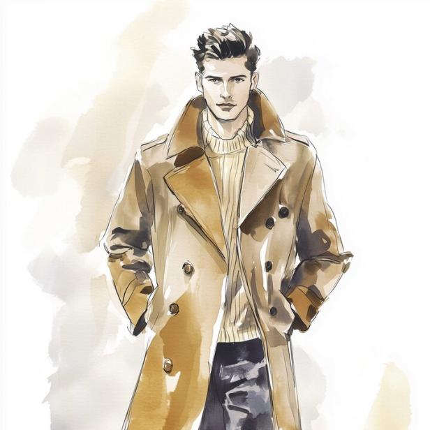 Ein Mann mit Trenchcoat und Pullover, gezeichnet im Aquarellstil.