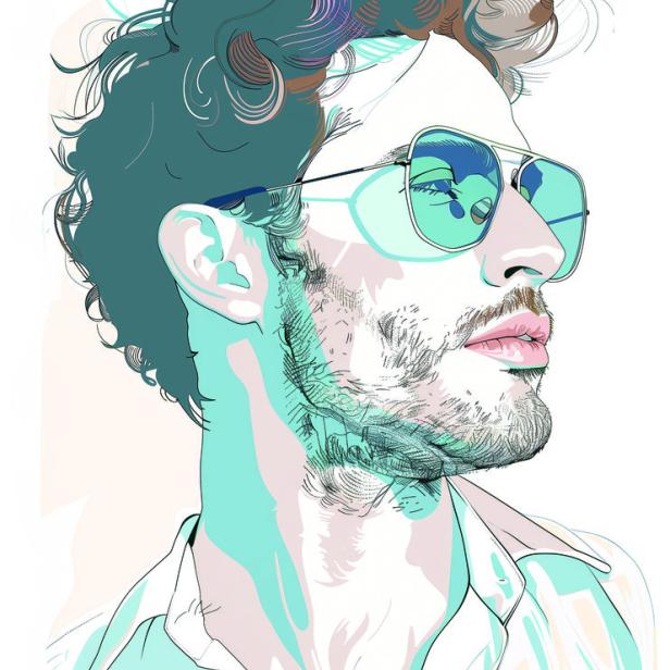 Eine stilisierte Illustration eines Mannes mit Bart und Sonnenbrille.