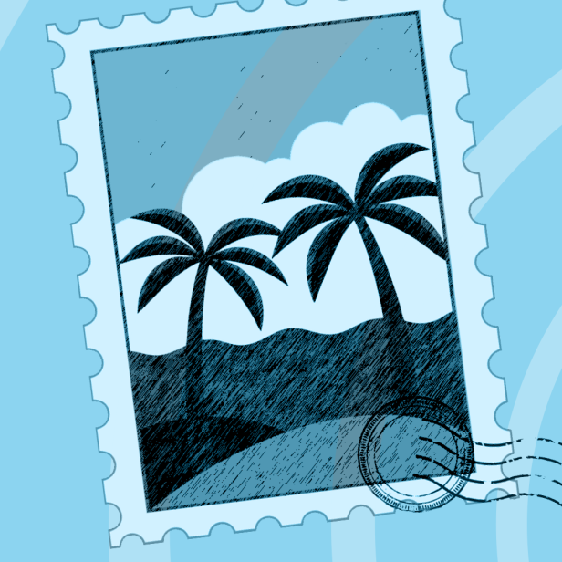 Eine stilisierte Briefmarke zeigt eine tropische Szene mit Palmen; daneben steht „Stadt. Land. Meer.“.