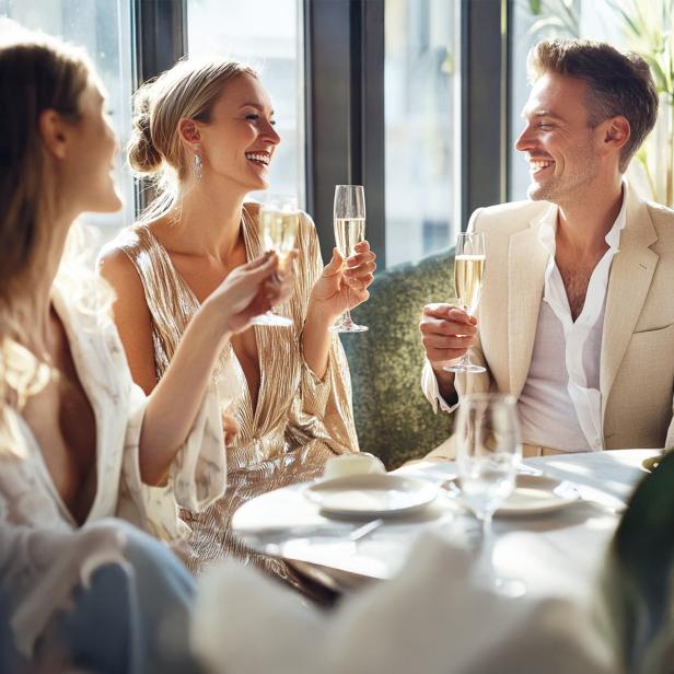 Drei Personen sitzen an einem Tisch und stoßen mit Champagnergläsern an.