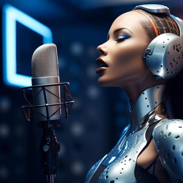 Eine Frau in futuristischer Kleidung singt leidenschaftlich in ein Mikrofon