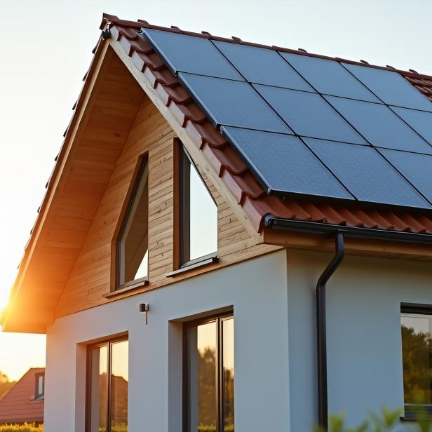Ein Haus mit Solaranlagen auf dem Dach 