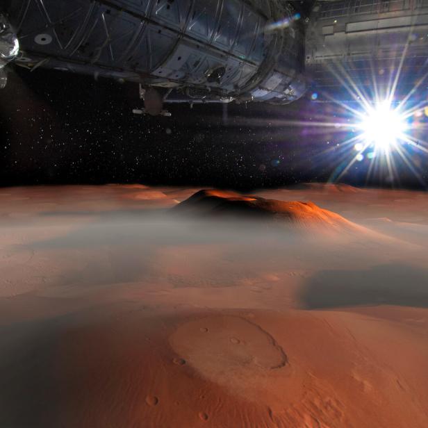 Spaceship on the orbit above Mars surface on the background. Elements of this image furnished by NASA.