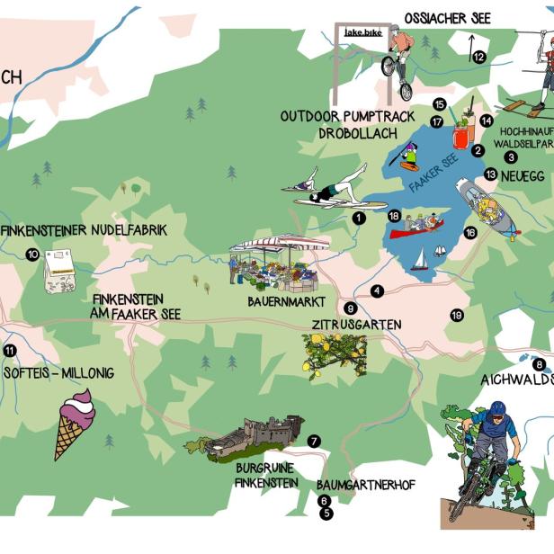 Eine illustrierte Karte der Region um den Faaker See mit verschiedenen Freizeitaktivitäten.