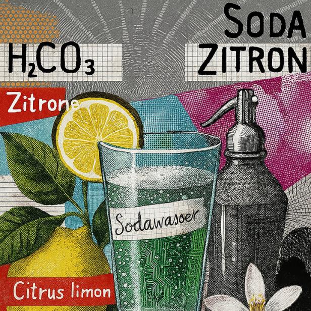 Eine Illustration von Sodawasser mit Zitrone und einer Siphonflasche.