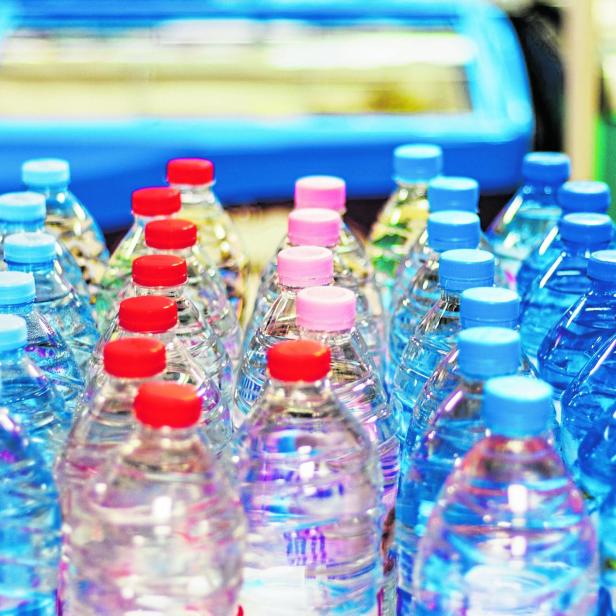 Mehrere Wasserflaschen mit bunten Deckeln stehen nebeneinander.