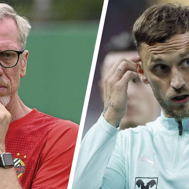 Stöger (li.) hatte gutes Gespräch mit Arnautovic, die Zusage für Rapid blieb aus.