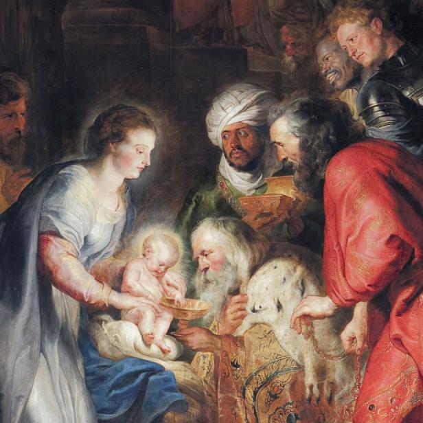 Das Gemälde „Anbetung der Könige“ zeigt Maria mit dem Jesuskind und die Heiligen Drei Könige, die Gaben bringen.