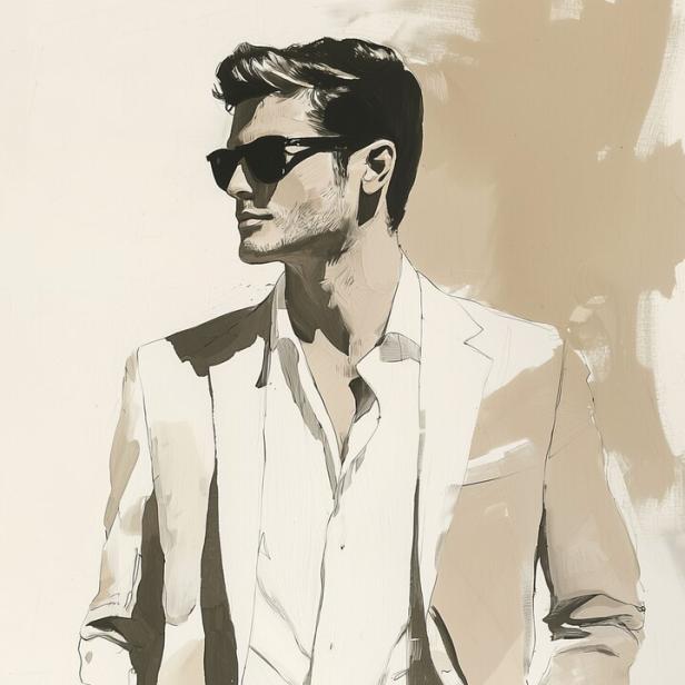 Ein Mann mit Sonnenbrille und weißem Anzug steht vor einer Wand.