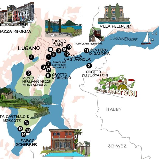 Eine illustrierte Karte der Region Lugano mit verschiedenen Sehenswürdigkeiten.