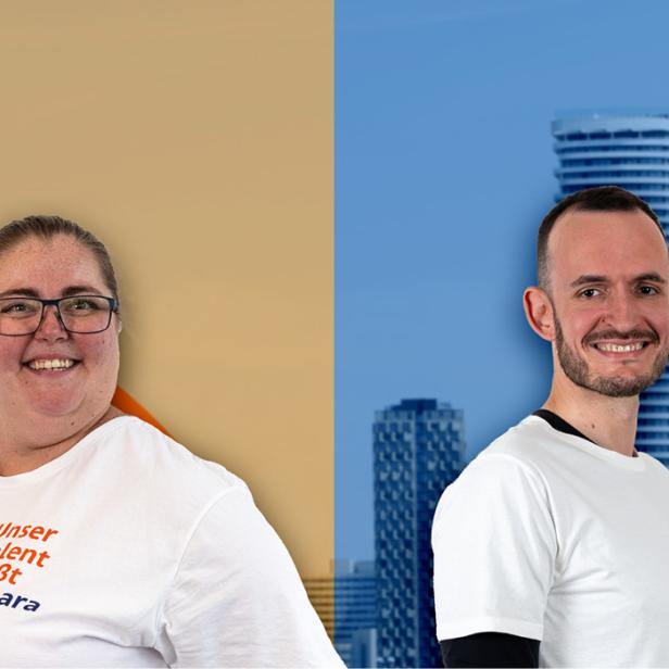Ein Mann und eine Frau lächeln. 