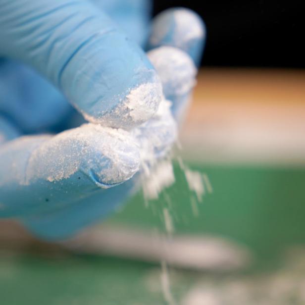 Eine Hand in einem blauen Handschuh rieselt weißes Pulver.