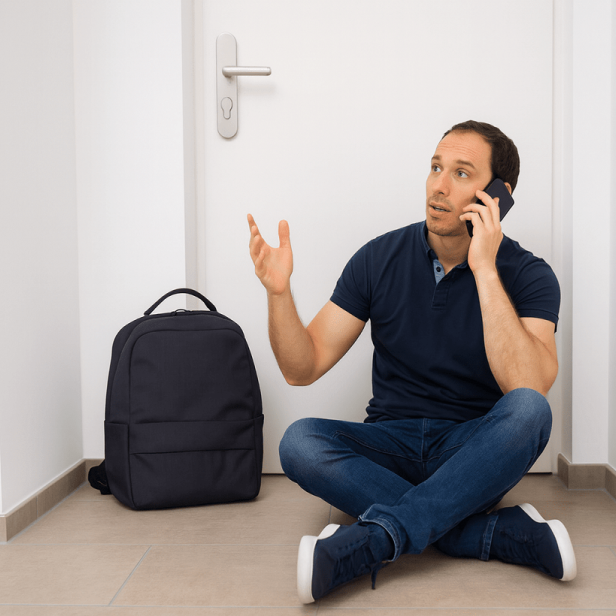 Ausgesperrter Mann sitzt ratlos vor Wohnungstür und telefoniert mit einem Schlüsseldienst.