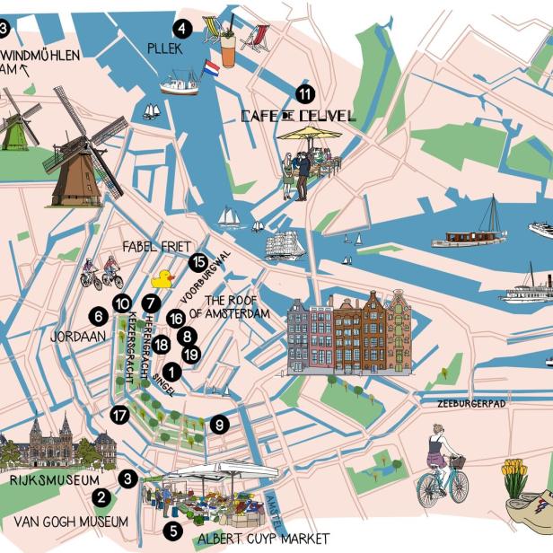 Eine illustrierte Karte von Amsterdam mit Sehenswürdigkeiten und Attraktionen.