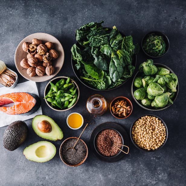 Omega 3 rich food items on slate background