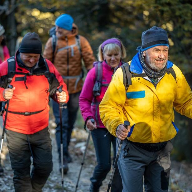 Senioren und Seniorinnen wandern mit Wanderstöcken. 