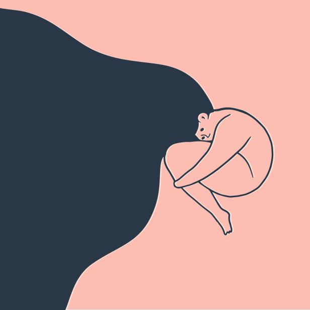 Vektorillustration: Frau mit Übergewicht umarmt ihre Knie.