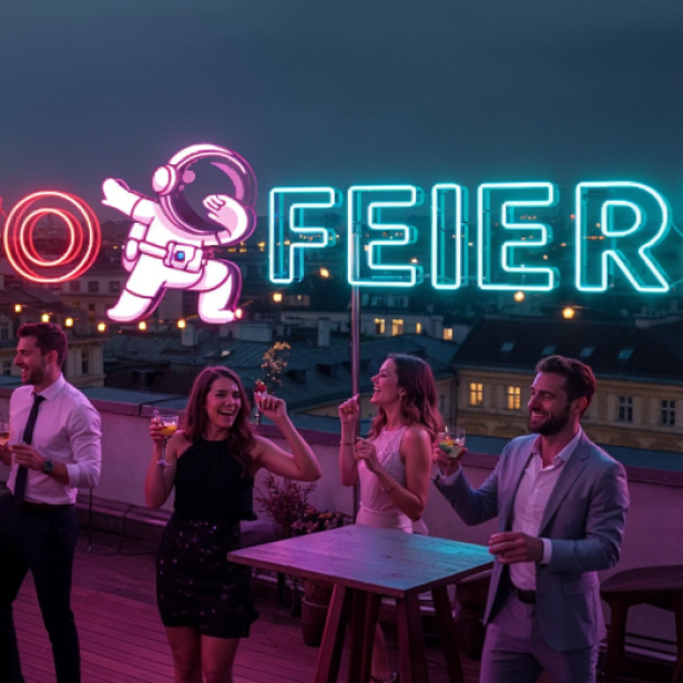 Menschen stehen auf einem Dach, umgeben von Neonlichtern mit der Aufschrift "WO FEIERN".