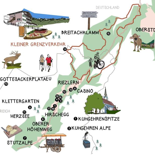Eine illustrierte Karte der Region um Oberstdorf, Riezlern und Hirschegg mit Wanderwegen und Sehenswürdigkeiten.