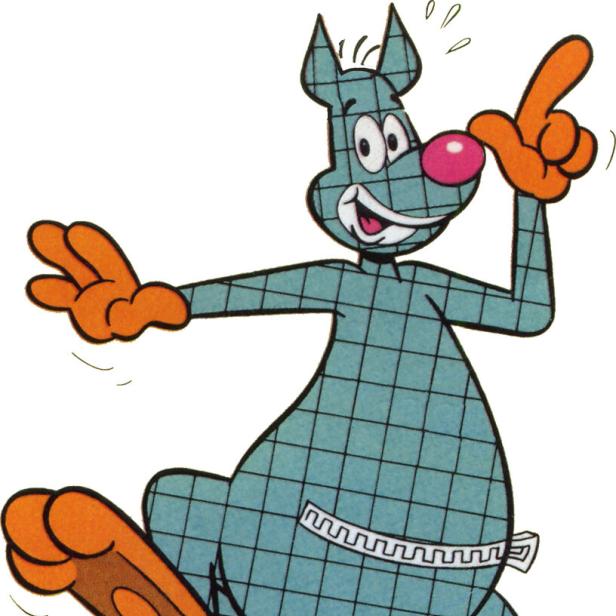 Ein blau karierter Cartoon-Hund mit roter Nase tanzt fröhlich.