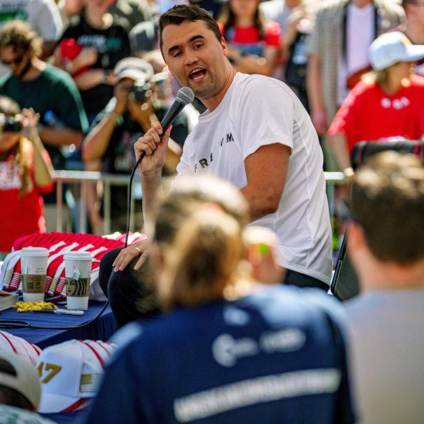 U.S. right-wing activist and commentator Charlie Kirk appears at a Utah Valley University speaking event in Orem
