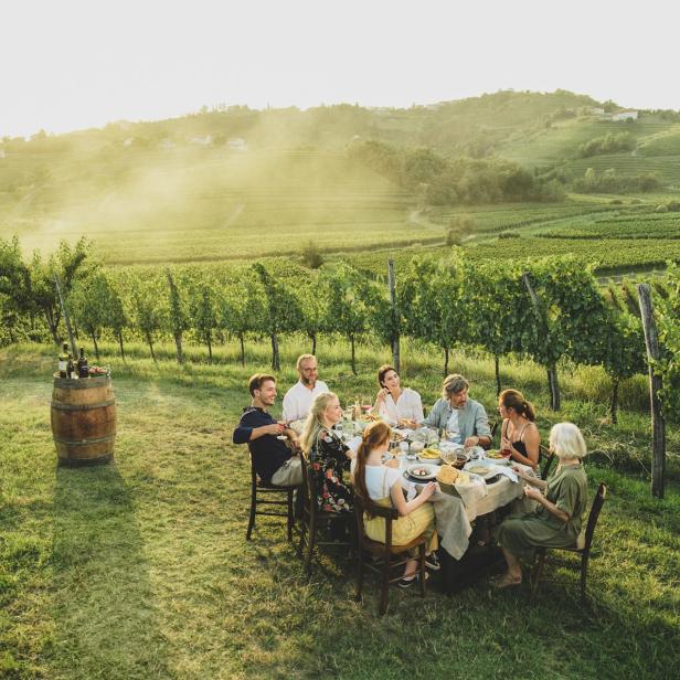 Eine Familie isst in den Weinbergen Sloweniens