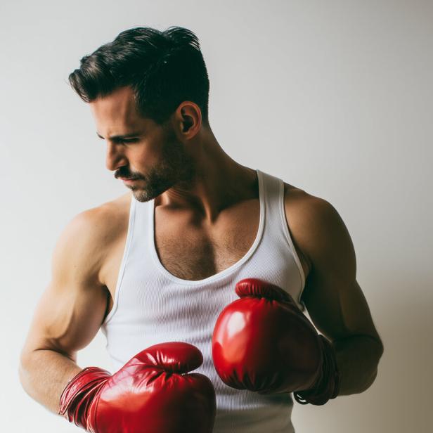 Ein Mann mit Boxhandschuhen und roter Hose blickt nach unten.
